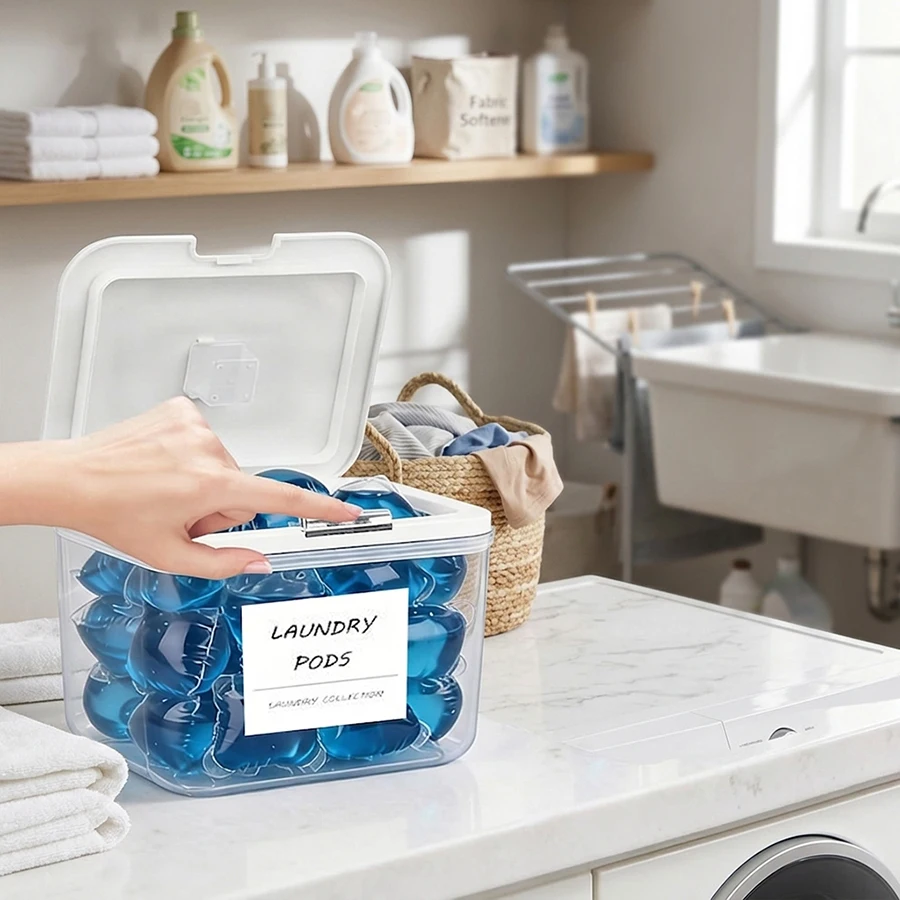 Laundry Pods Container with Press-and-Pop Lid, Detergent Powder Jar Laundry Storage Holder for Laundry Room Bathroom Organizer