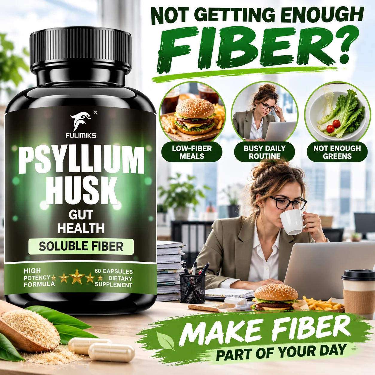 Natural Psyllium Husk Capsules, Support Heart, Blood Sugar, Circulation, Gut Health & Digestive Regularity, High Potency Formula
