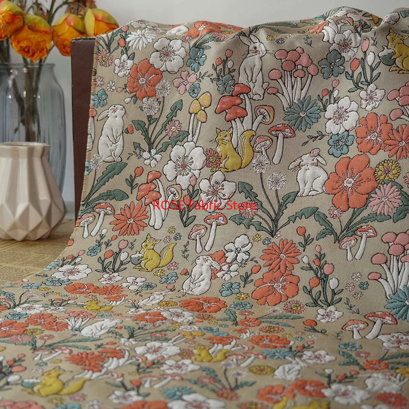 1 Meter Rabbit and Mushroom Cartoon Yarn Dyed Jacquard Fabric Early Spring Women's Embossed Dress Diy Sewing Fabric
