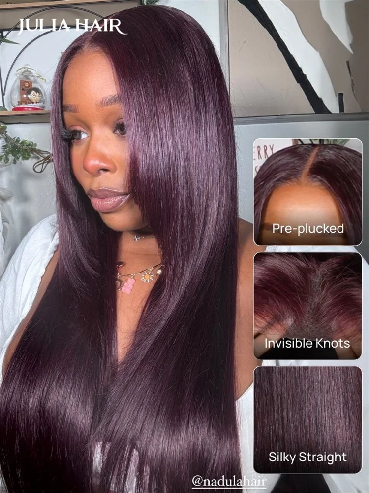 

Julia Hair Burgundy Plum Layer Cut Straight Lace Frontal Wig 13x4 Invisible Knots Wear and Go Colored Glueless Human Hair Wig