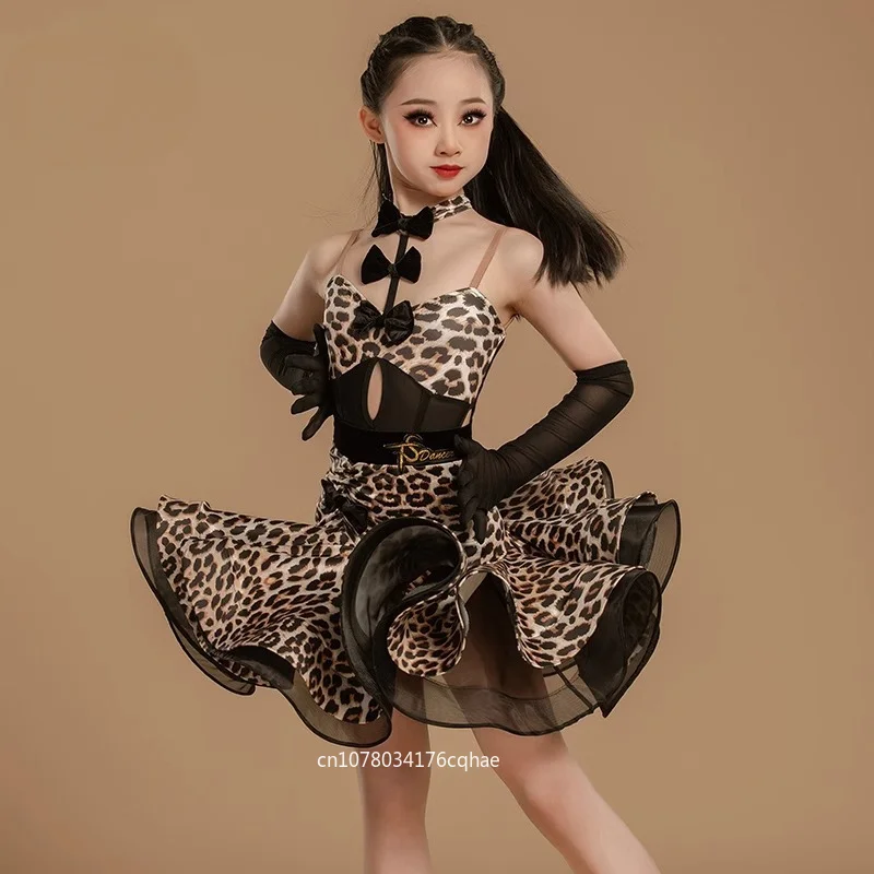 

Latin Dance Dress, High-end Mesh Skirt, Leopard Print Suspender, Precisely Tango Women's Adult Stage Professional Clothing
