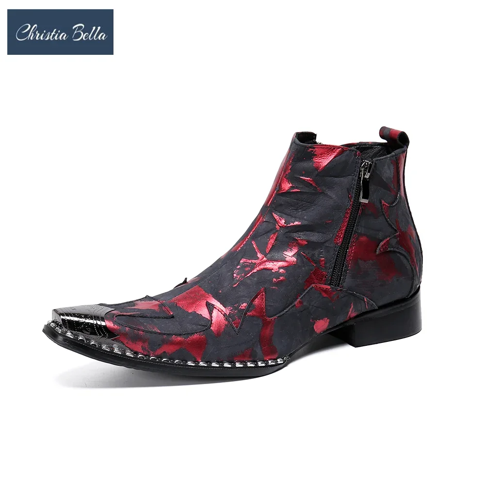 Designer Print Fashion Men Square Toe Ankle Boots Plus Size Real Leather Formal Boot Zipper Cowboy Celebration Party Dress Boot