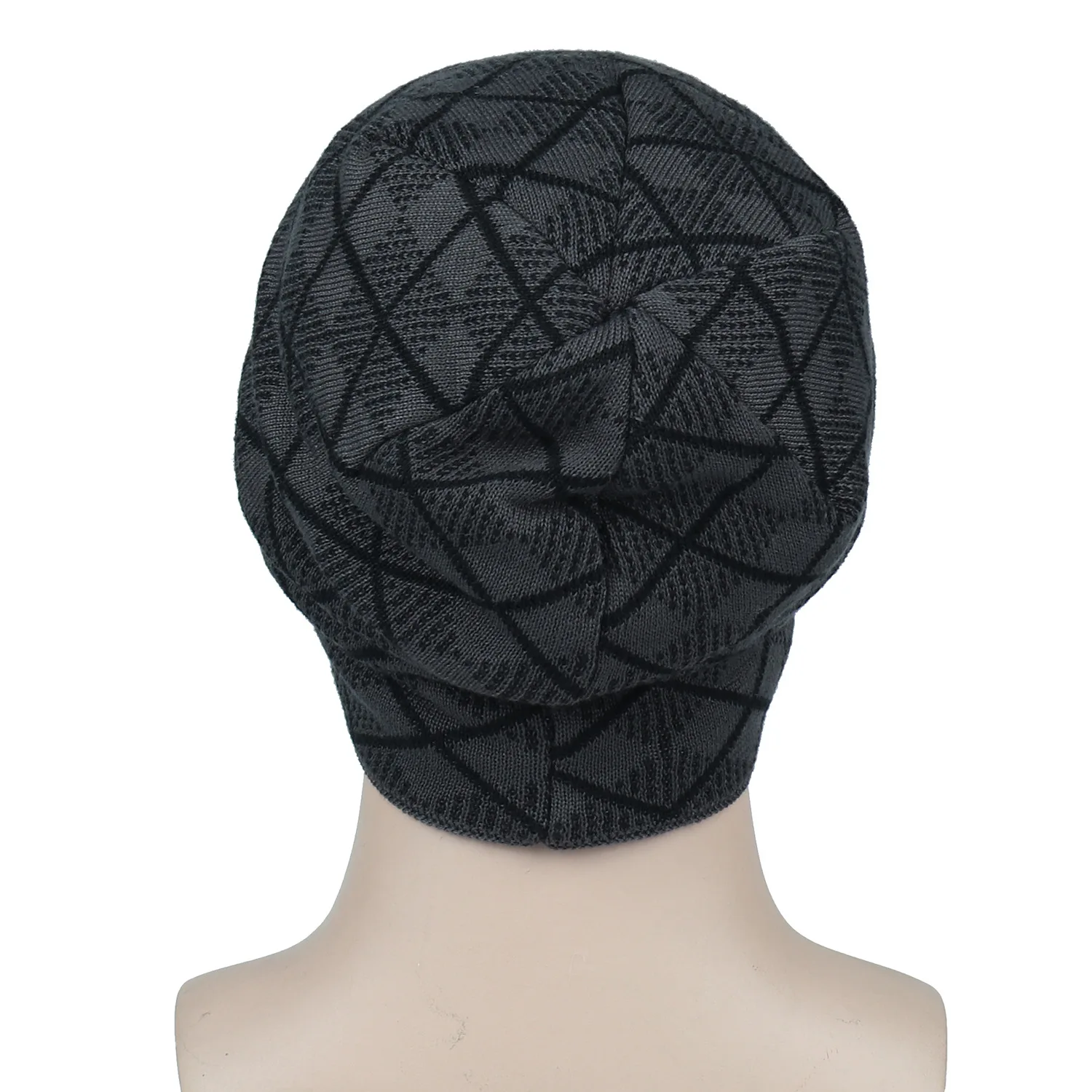 Men's Winter Fleece-Lined Warm Beanie Hat, Diamond Texture Jacquard Knit Hat with Long Plush Lining, Outdoor Windproof Pullover Cold Weather Hat