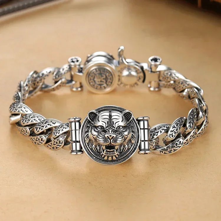 DF New Silver Color Retro Personality Tang Grass Turning Transfer Tiger Bracelet Male Trendy Men Zodiac Atmosphere Rough