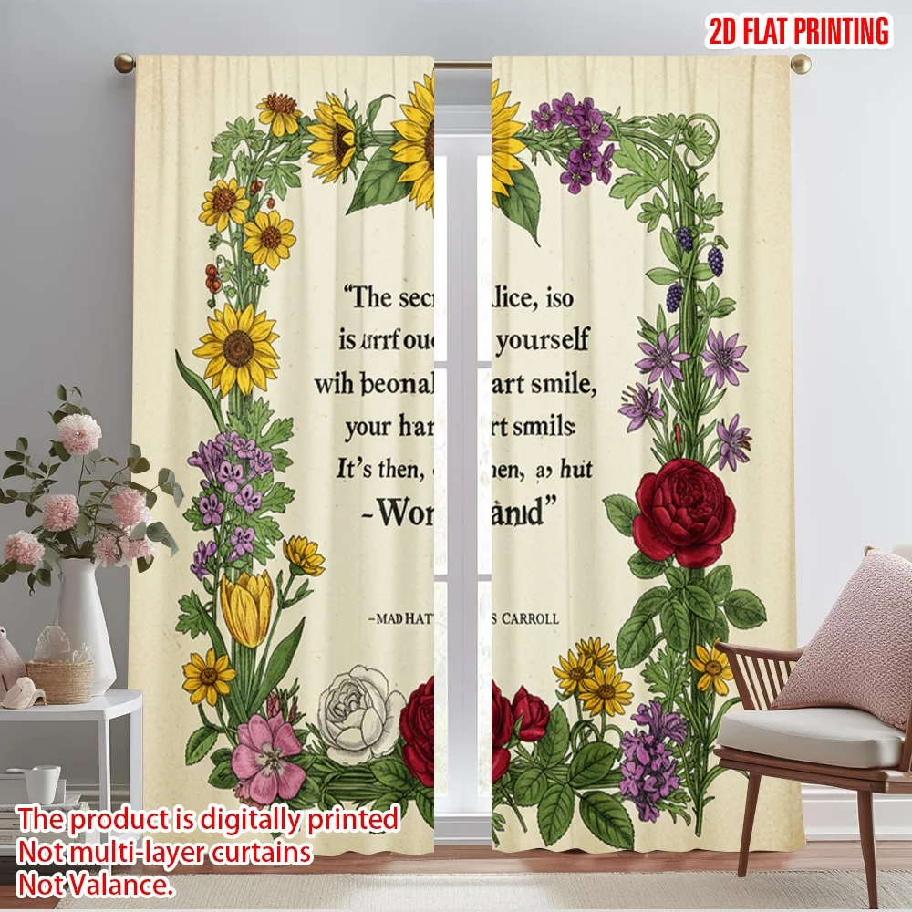 

2pcs 2D flat printing Curtains Alice Wonderland Floral Quote Polyester Without Electricity All Season Party & Holiday Decor Use
