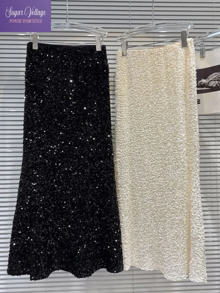 

French Elegant Vintage Sequin Mermaid Maxi Skirt Women Winter Luxury High Waist Slim Fit Shiny Party Evening Long Skirt Outfit