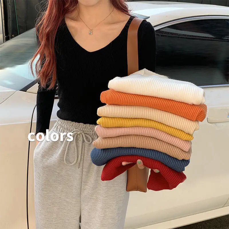 

woman V-neck Knitted Sweater Autumn New Base Shirt Women's Slim Fit Solid Color Sweater Long Sleeve Inner Top Short Pullovers
