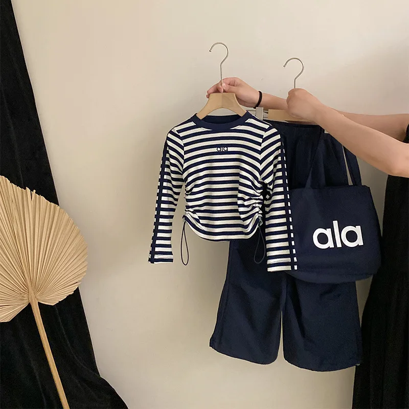 Girls 3 Piece Casual Set 2025 Spring Autumn New Korean Solid Simple Striped Long Sleeved Top Bag Wide Leg Pants Set