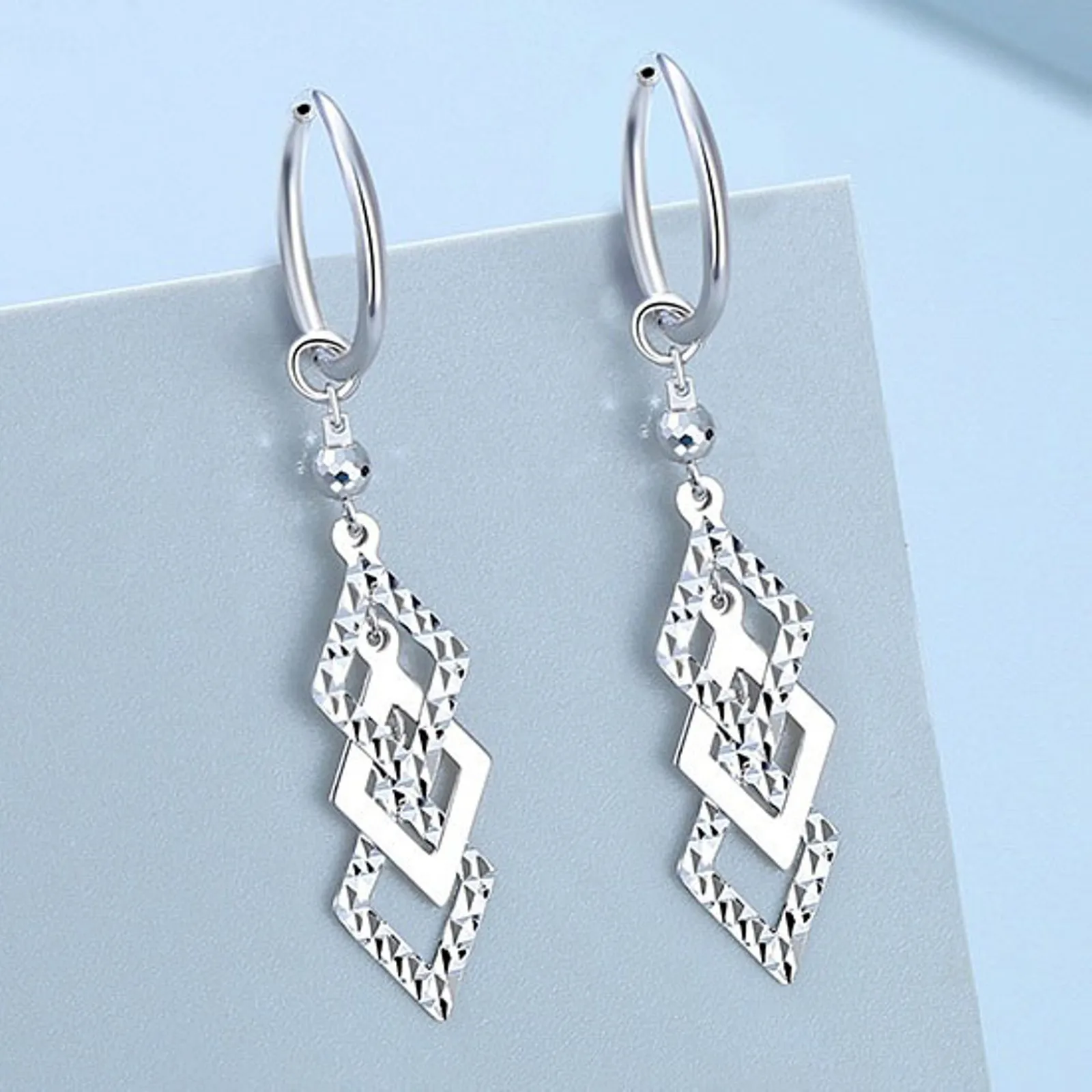 PT950 Pure Platinum 950 Hoop Women Lucky Carved Three Rhomboid Dangle Earrings 3.2-3.4g