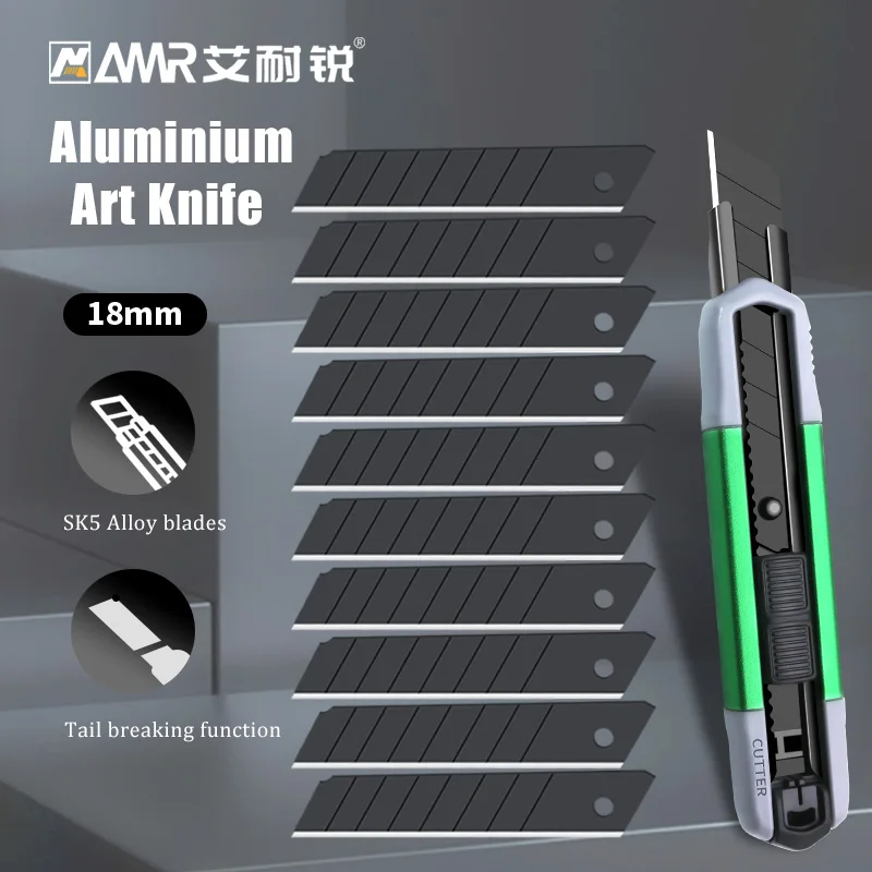 Utility Knife Retractable Sharp Cut SK5 Alloy Steel Break 18mm Blade Paper Cut Electrician Utility Knife with 10pcs Balde