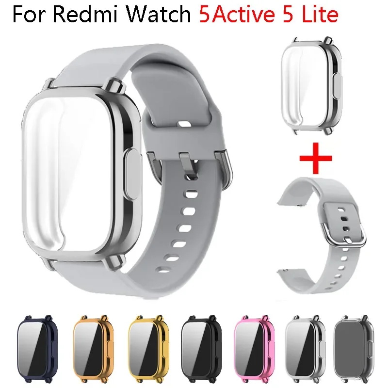 حافظة حماية + حزام سيليكون لساعة Xiaomi Redmi Watch 5 Active/5 Lite بغطاء كامل وشاشة من مادة TPU وغطاء ناعم وحزام رياضي قابل للتنفس