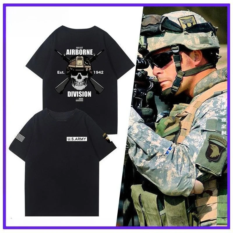 الأمريكية 101st المحمولة جوا شعبة الجيش مطبوعة تي شيرتات قصيرة الاكمام الرجال التكتيكية الأعلى التدريب في الهواء الطلق لباس غير رسمي الراحة #1