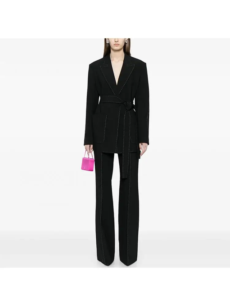 

2025 Spring And Summer Fashion Elegant Bright Line Decoration Lace-Up Suit + Trousers Pants Sets For Women 2 Pieces