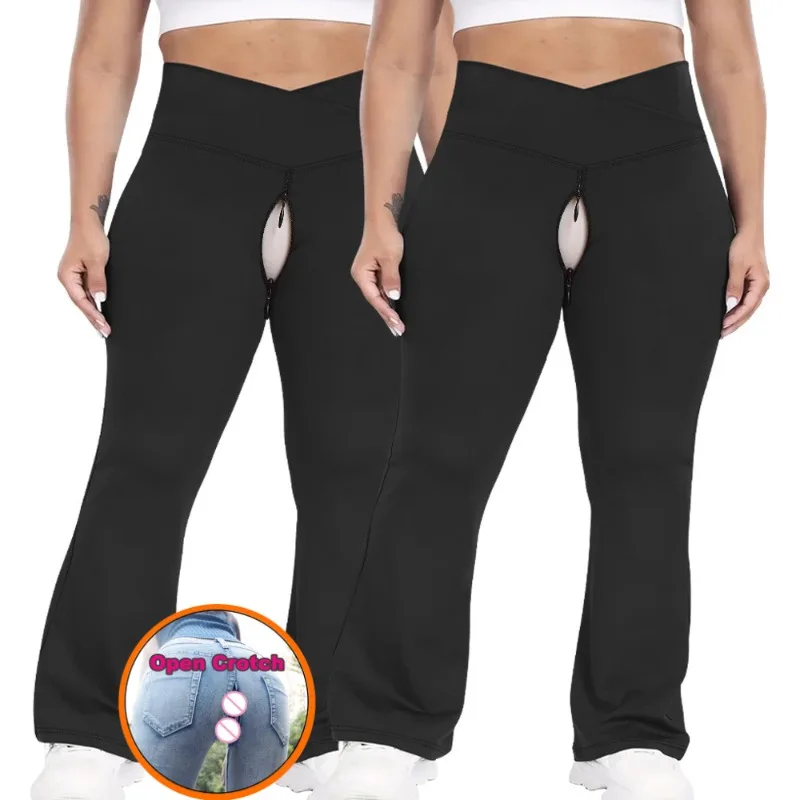 Women's Open Crotch Cross Waist Pocket Flared Pants Women's Fitness Tight Hip Lift High Waist Thin Sports Casual Yoga Pants