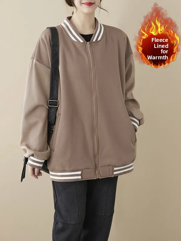 เสื้อคลุมสไตล์เรโทรลายทางต่อผ้าสำหรับผู้หญิงไซส์ใหญ่ คอตั้ง แขนยาว ซิปเปิด