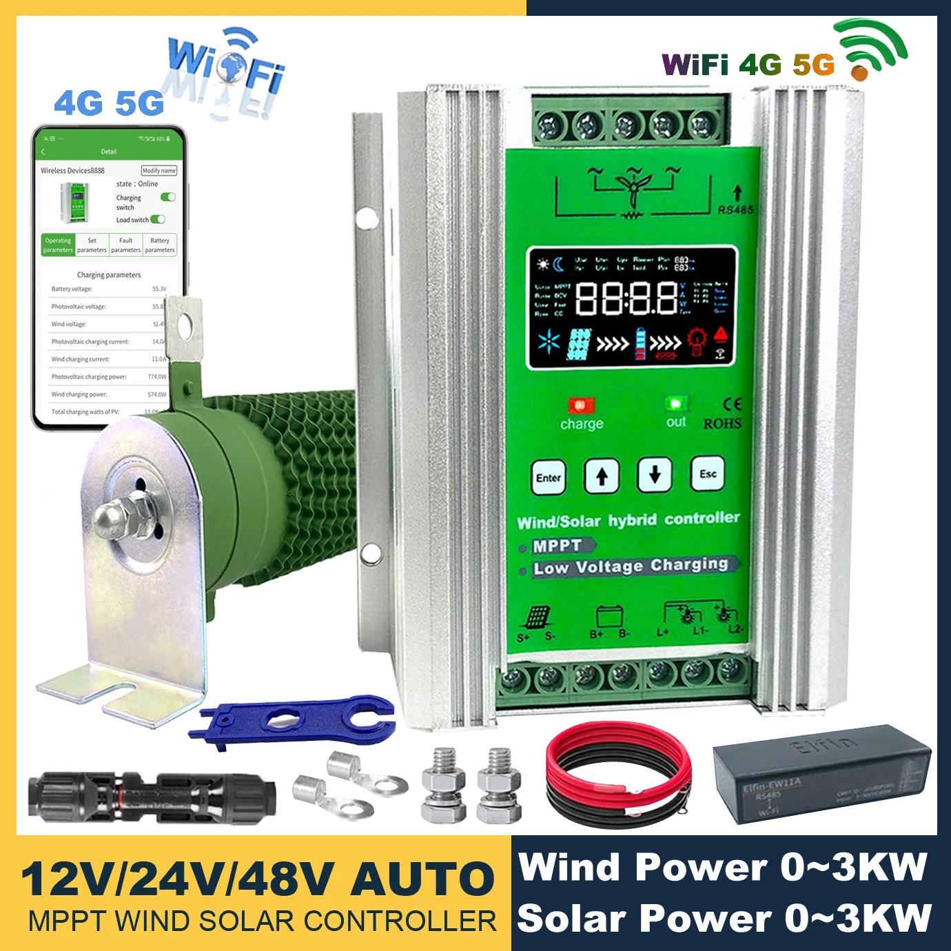 3000 واط المدمج في واي فاي 12V24V48V MPPTHybrid تحكم بالطاقة الشمسية توربينات الرياح ، مع تحميل تفريغ شاشة LCD ، لبطارية Lifepo4 الكاملة