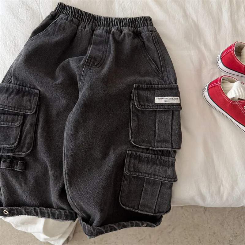 Children's Pants 2026 Spring and Autumn Winter New Boys' and Girls' Straight Leg Distressed Jeans Baby Pocket Work Pants