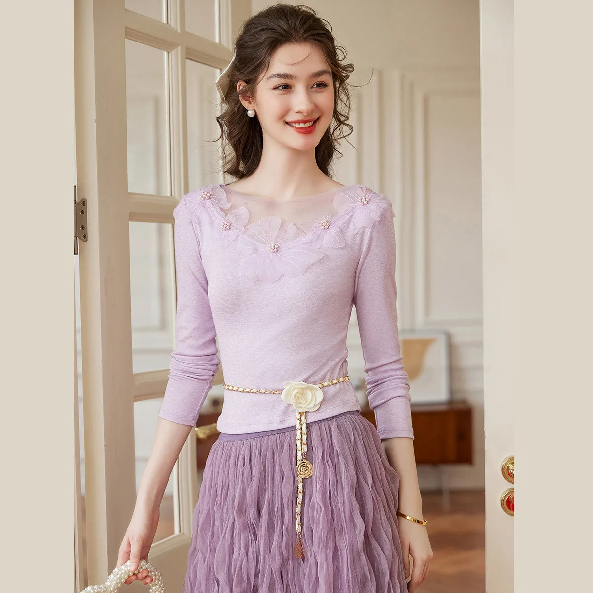 LOUISYAO 2026 Spring Sweet Floral Decor Women T-Shirt Romantic Elastic Long Sleeve Regular Shoulder Casual Pullover Top