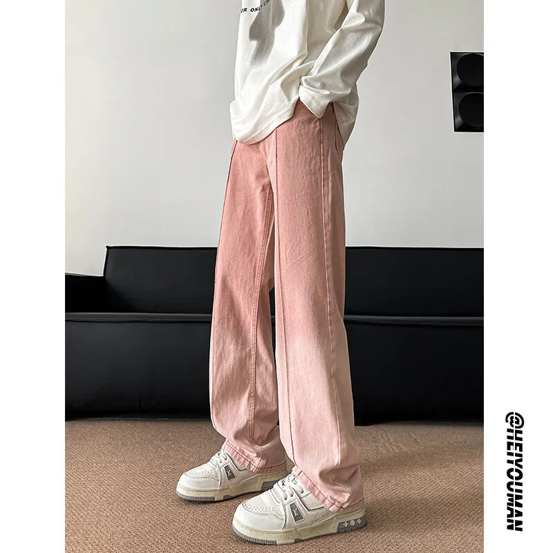 الوردي فضفاض الجينز الرجال موضة ريترو التدرج الأسود الجينز الرجال الشارع الشهير الهيب هوب فضفاض مستقيم الجينز رجالي خمر سراويل جينز