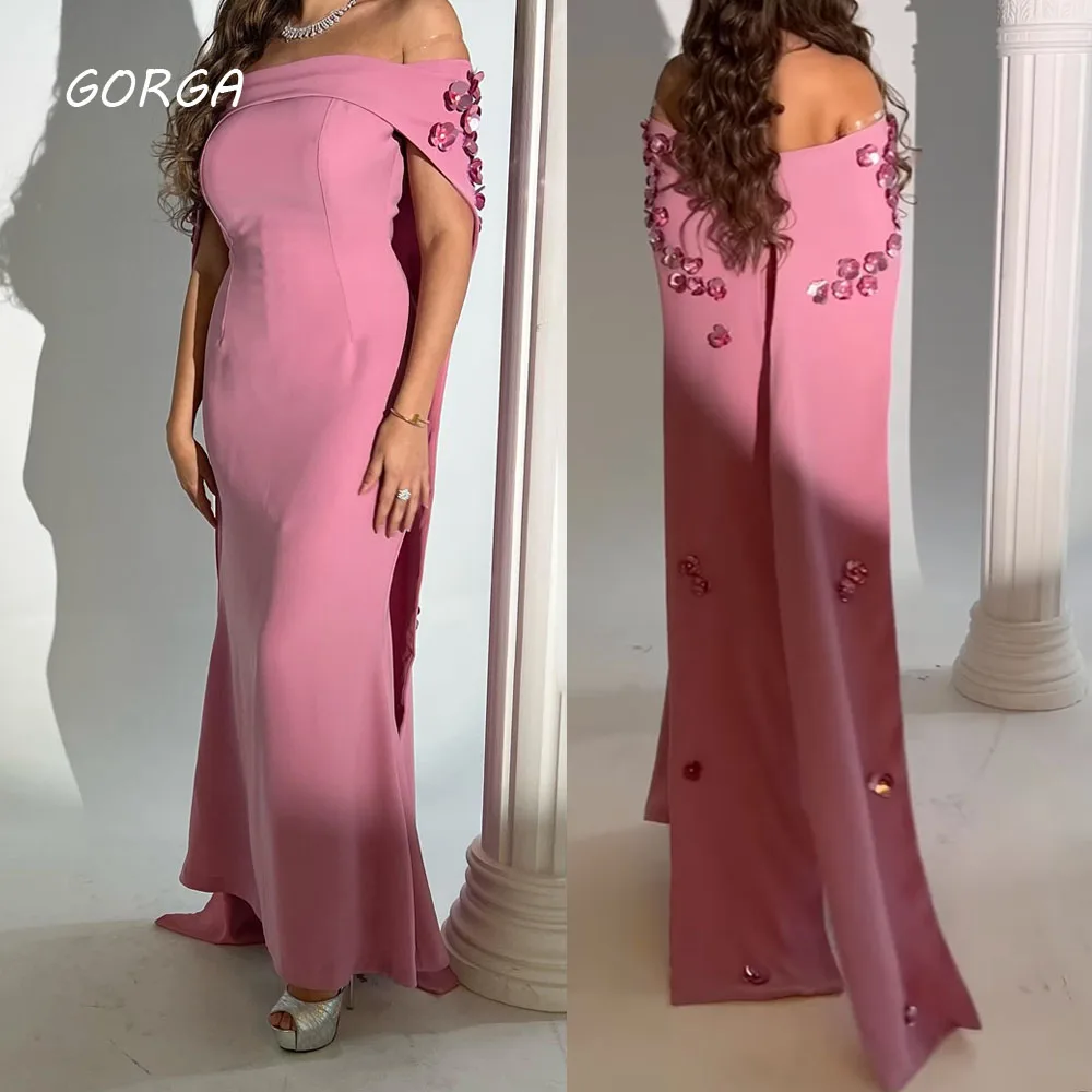 

GORGA Pink Off the Shoulder 3D Appliques Evening Dresses Saudi Arabia Mermaid Formal Occasion Dress Floor-Length Party Gown