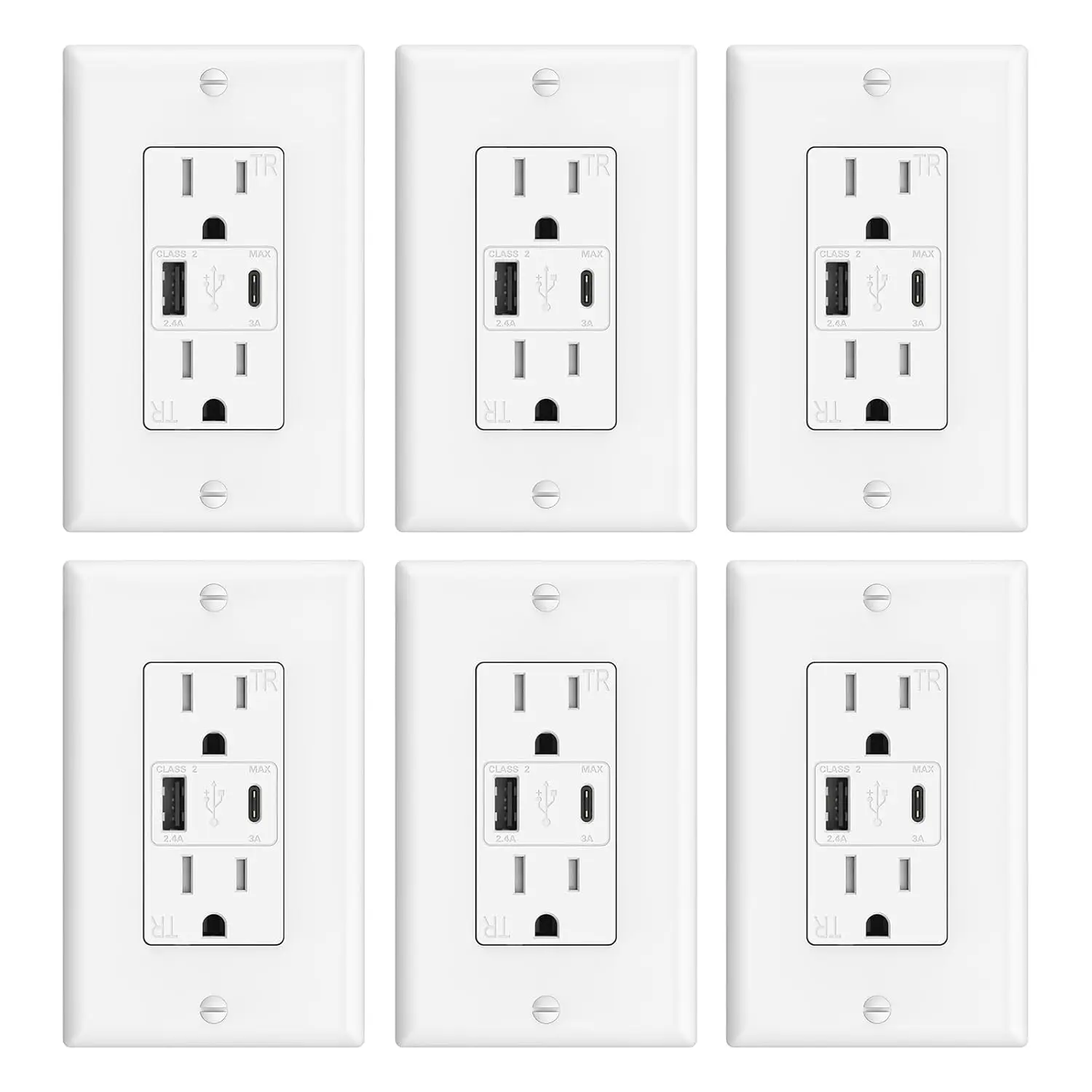 

Настенная розетка на 15 ампер с USB-портами, зарядка 21 Вт (типы A и C), защита от несанкционированного доступа, сертификация ETL, белая, 6 штук в упаковке