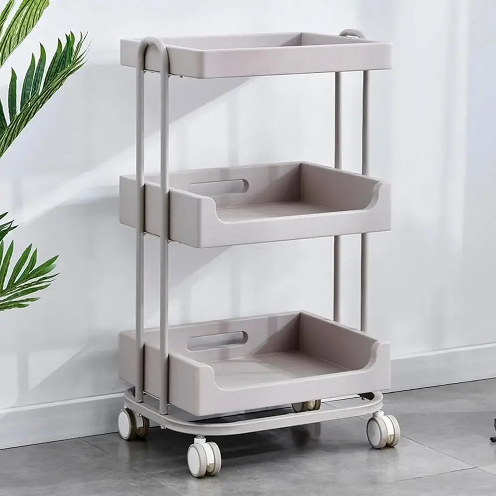 Salon Cart Metal Salon Trolley 3-Tier Rolling Beauty Cart with Large Drawer, Casters, Steel Tube Frame, Light Gray