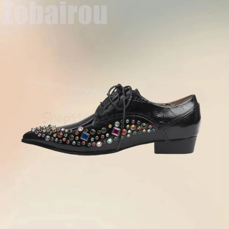 Colorful Crystal Decor Black Pointed Toe Strappy Men Shoes Fashion Lace Up Male Shoes Luxury Handmade Banquet Men Casual Shoes