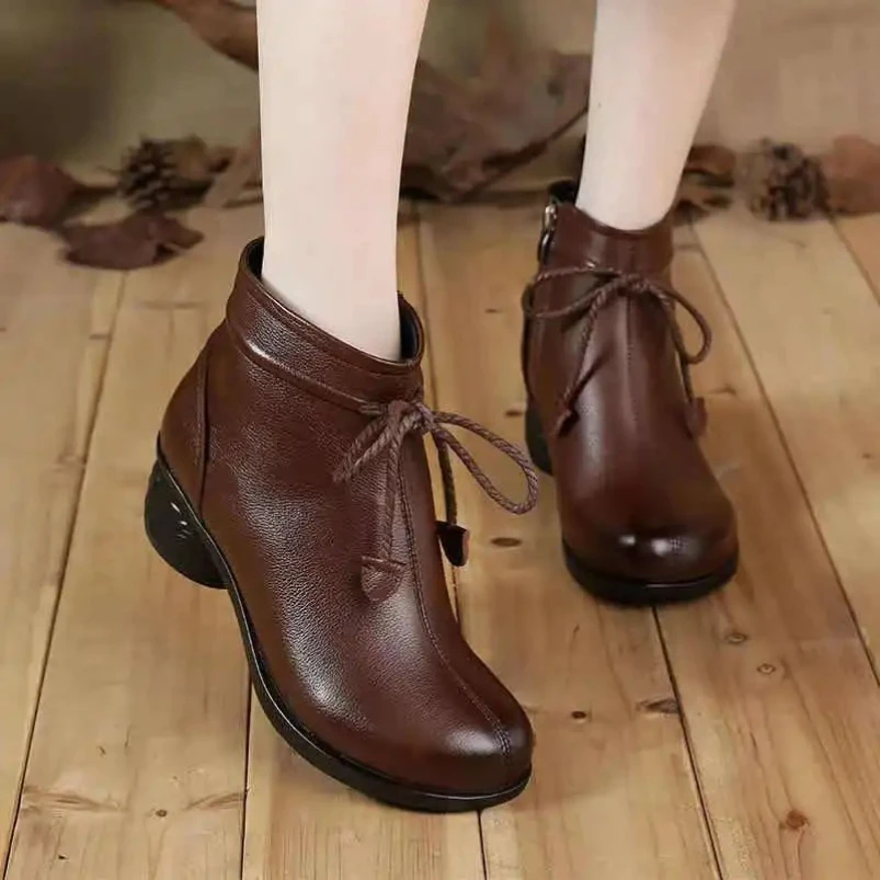 

2025 женские полусапожки из натуральной кожи в стиле ретро, нескользящая хлопковая обувь на среднем каблуке с круглым носком и молнией, зимняя теплая обувь