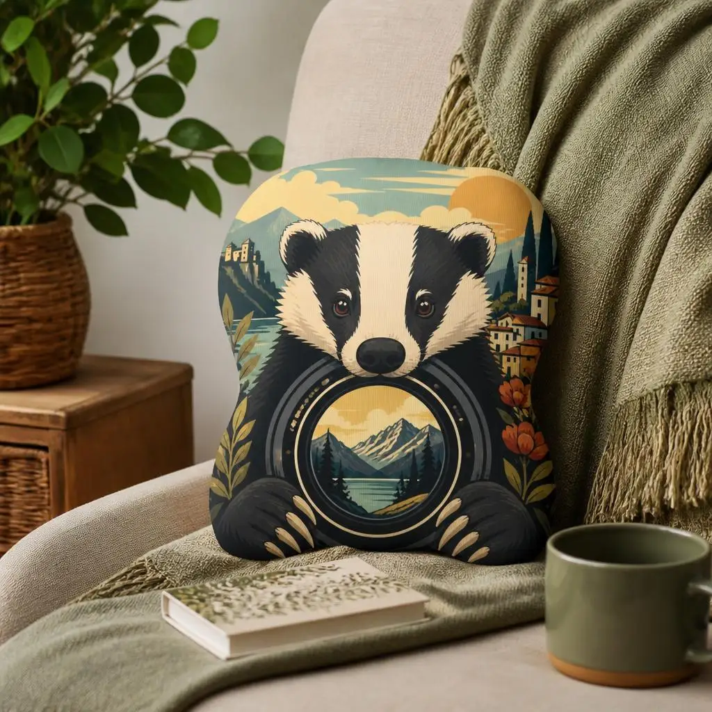 Badger Camera Lens Plush Pillow Wildlife Photographer Cushion Mountain Travel Art Shaped Stuffed Throw Pillow Gift Home Decor