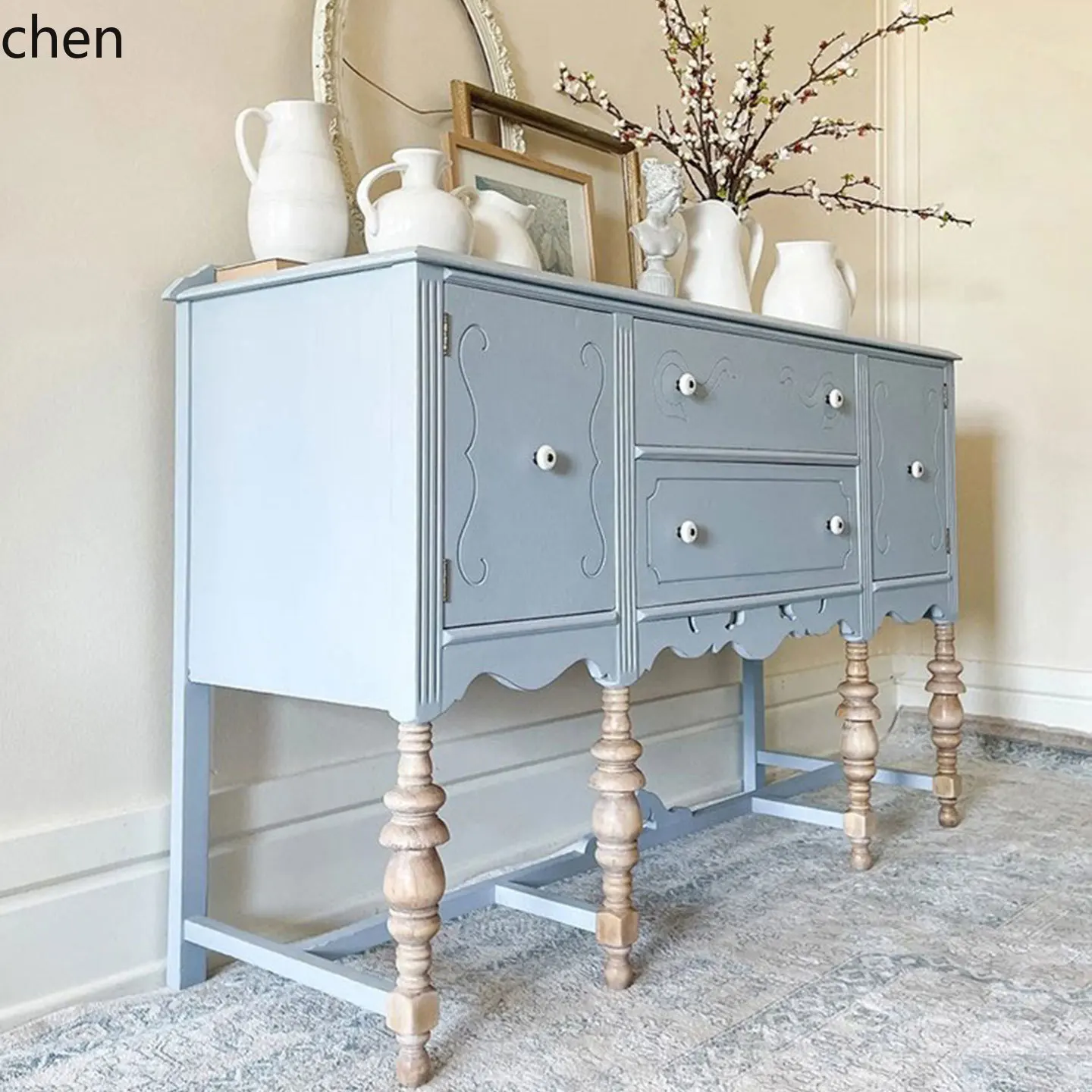 

LXC solid wood dining side cabinet retro carved blue entrance simple living room storage wine cabinet