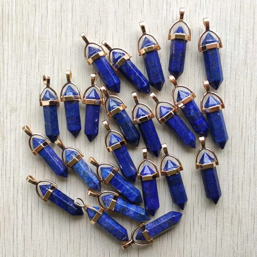 Good quality natural Lapis Lazuli gold color alloy pillar charms pendants for jewelry making 24pcs/lot Wholesale free shipping