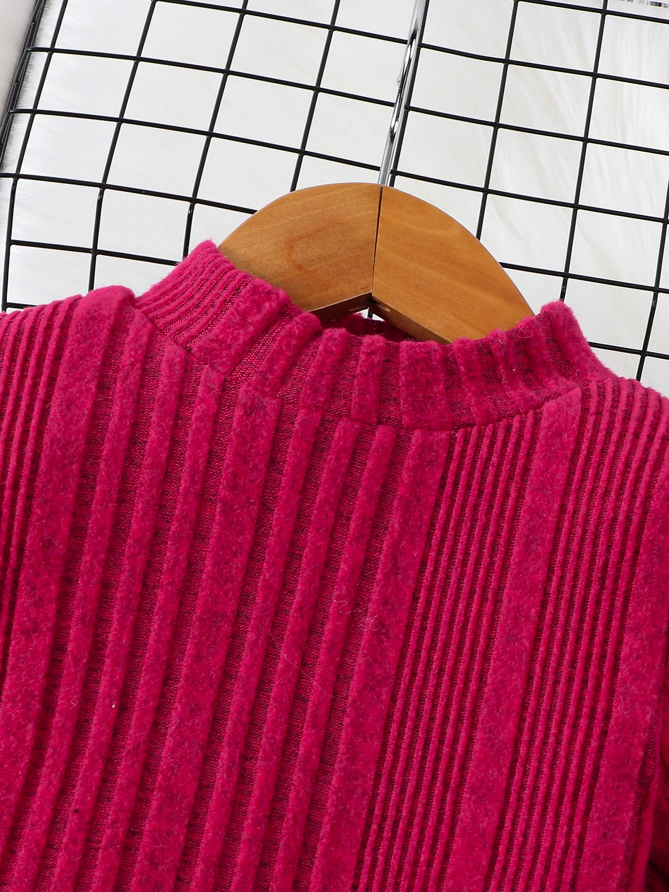 Autumn and winter girls\' long sleeved round neck solid color pit stripe knitted casual simple and fashionable cute dress