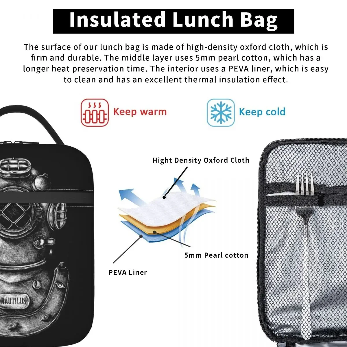 Dive Helmet Scuba Diver Insulated Lunch Bags Large Meal Container Cooler Bag Tote Lunch Box Work Picnic Men Women