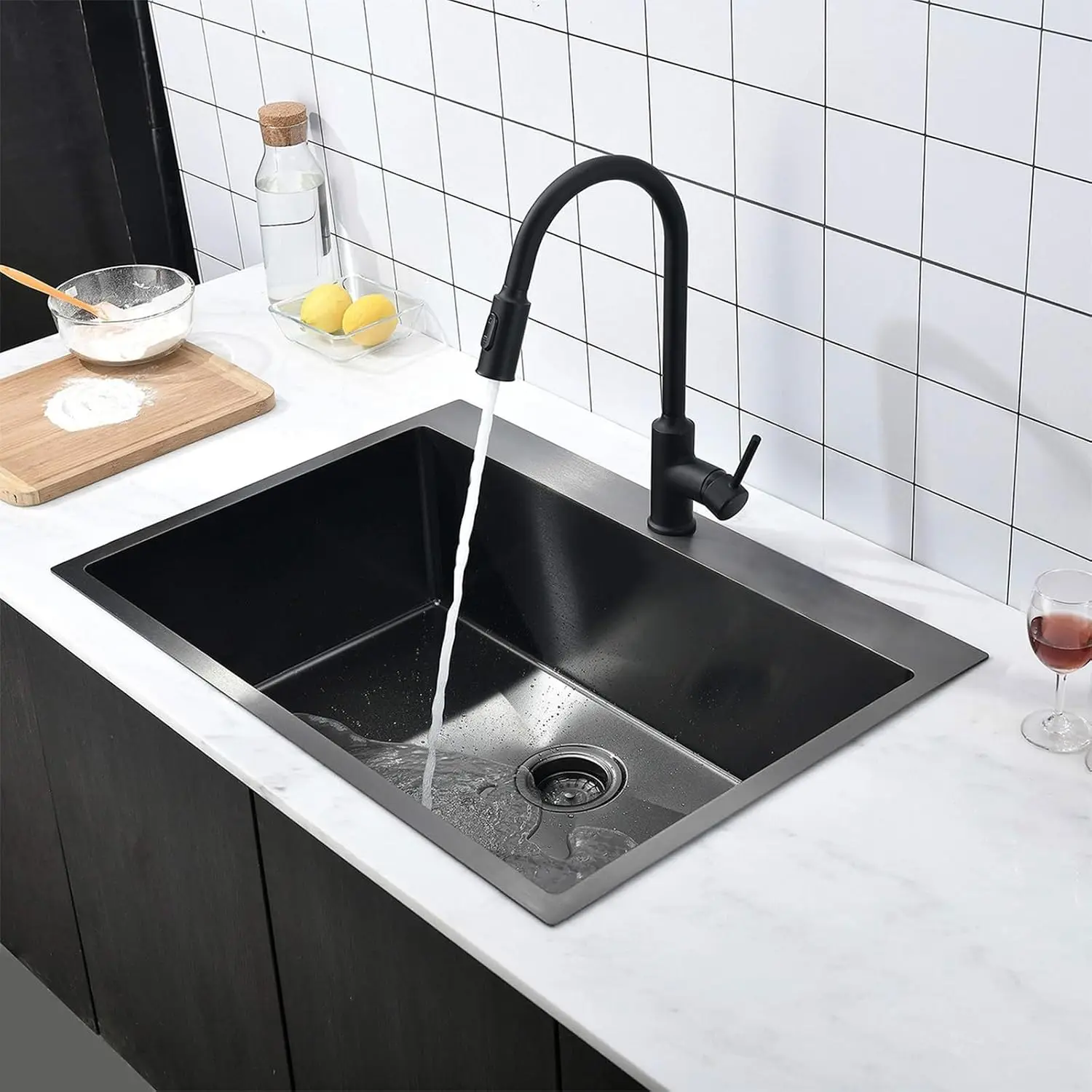 33x22 Black Drop in Kitchen Sink, 33 Inch Gunmetal Black Stainless Steel Top Mount Kitchen Sink, Single Bowl Laundry Sink with S