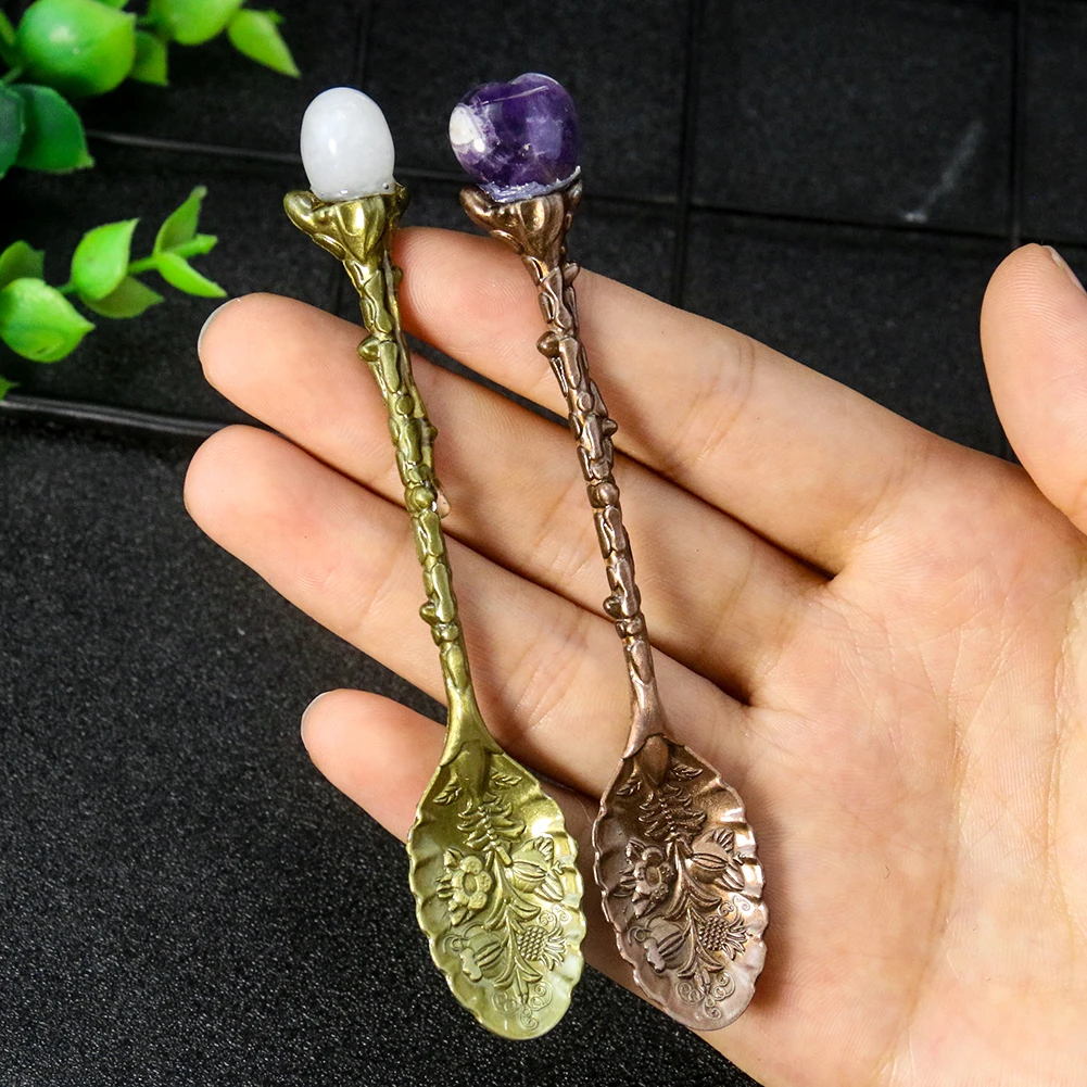 Retro Quartz Crystal Head Alloy Leaf Spoon Creative Mug Cake Coffee Amethyst Gems Tea Spoon Kitchen Supplies Magic Wand Cosplay