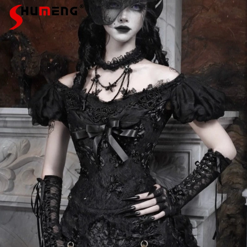 Halloween Japanese Rojita Dark Black Slim Fit High Waist Blouse Gothic Off-Shoulder Puff Sleeves Mesh Top Short Sleeved Shirt