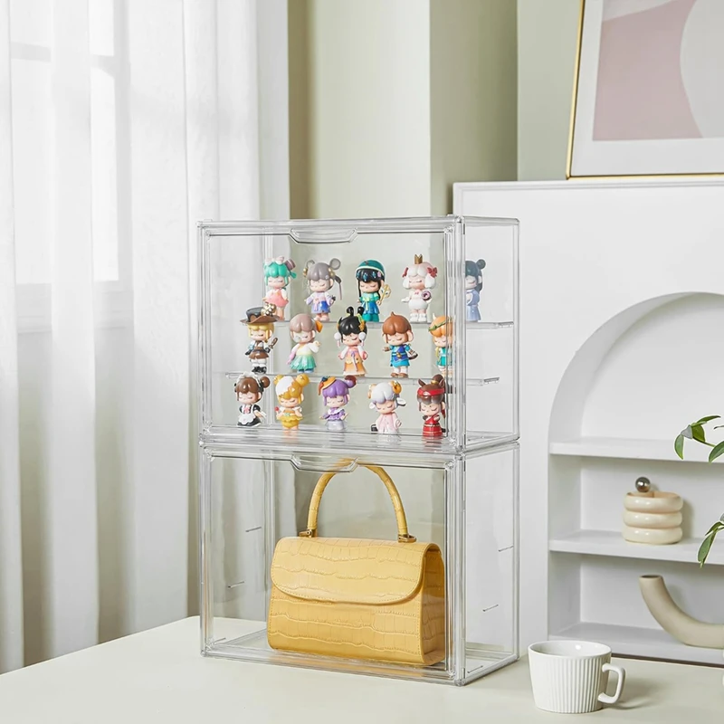 Clear Acrylic Display Case 3 Tier Display Shelf, Stackable Protection Showcase with Magnetic Door for-ABPX
