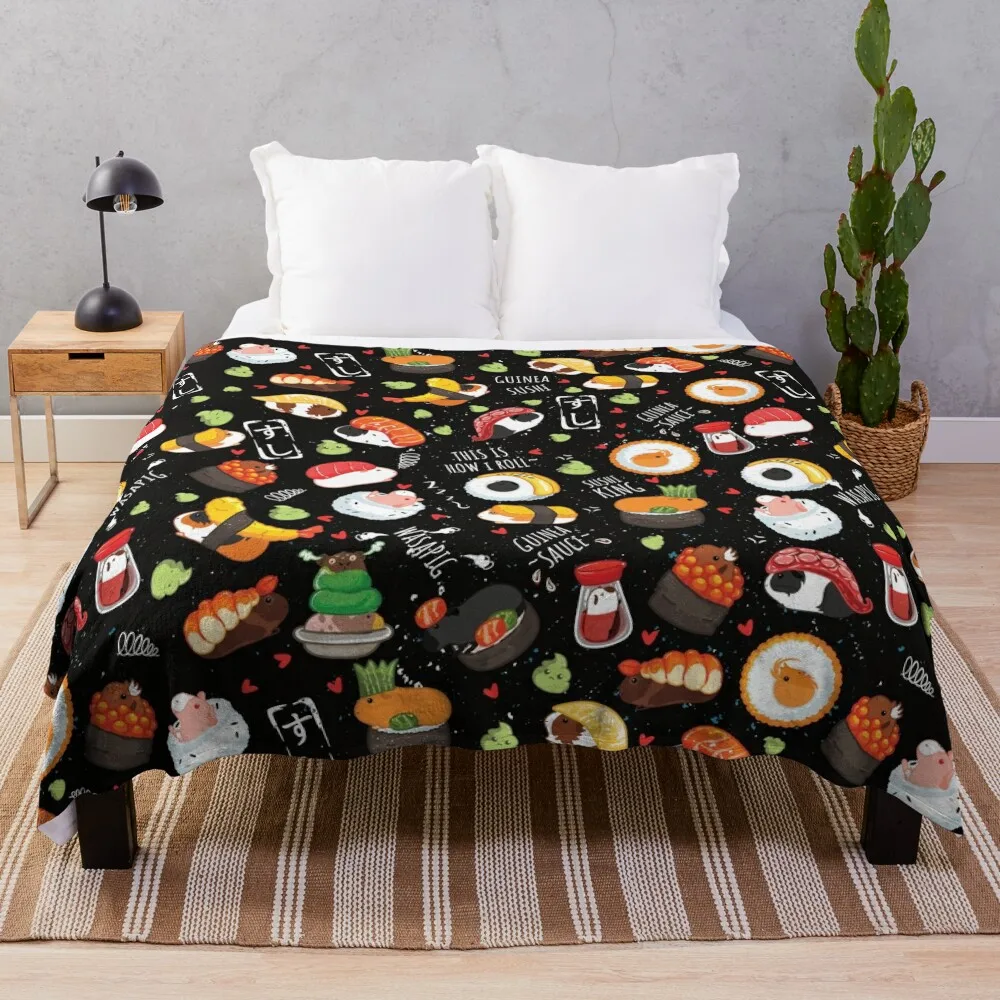 Japanese Guinea Pig Sushi - Black Background Throw Blanket Comforter christmas decoration Flannel Blankets