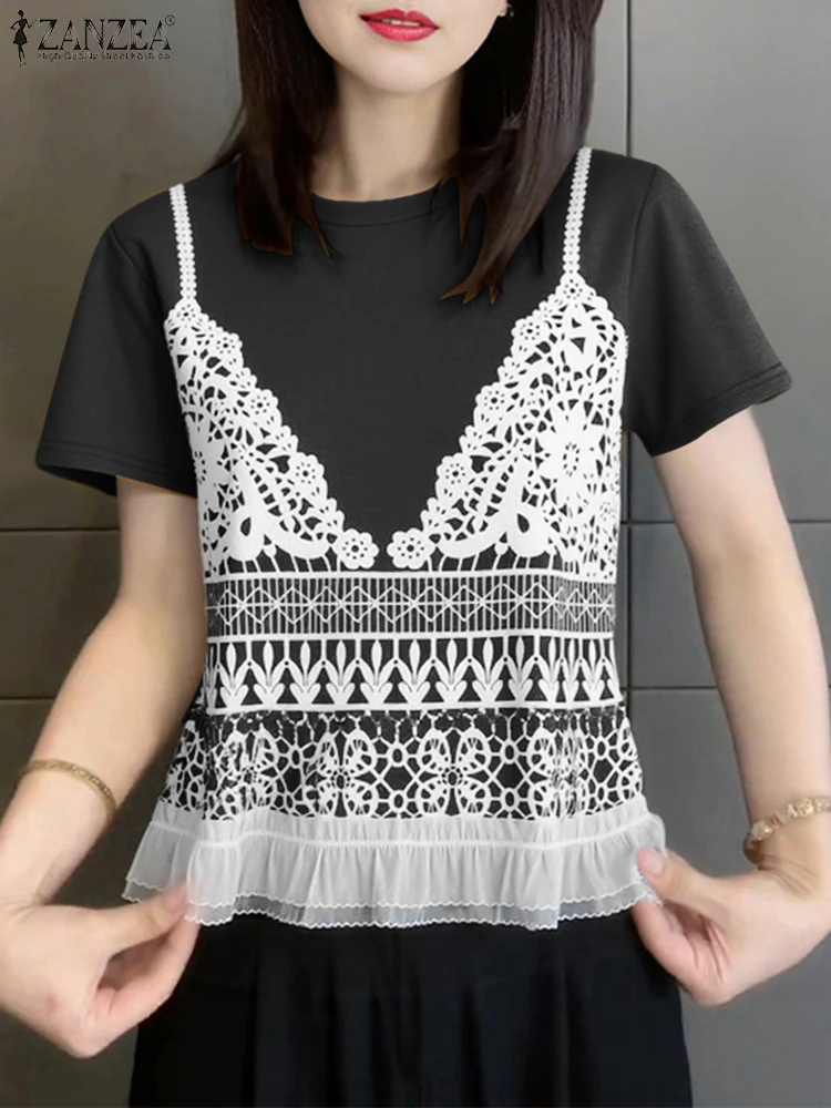 ZANZEA Fake Two Pieces Printing T-Shirts Woman Summer 2025 O-Neck Short Sleeve Contrast-Color Lace Hem Tees Korean Fashion Tops