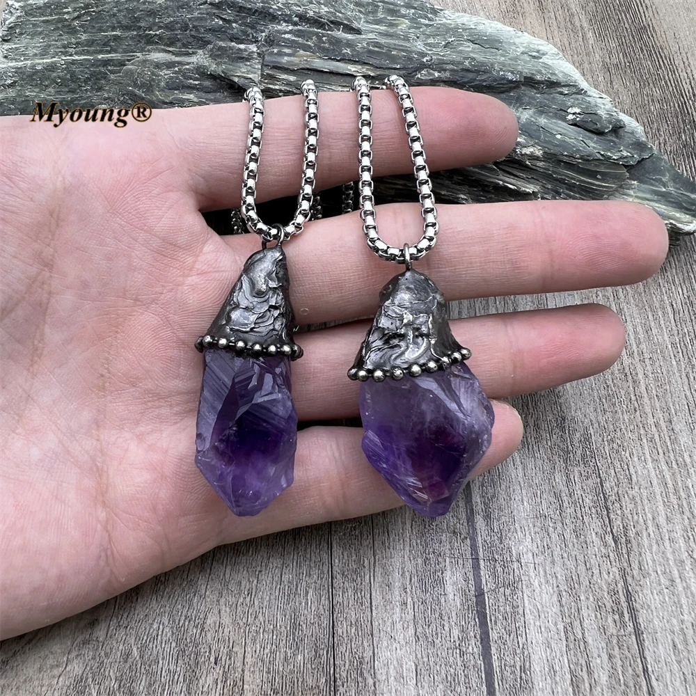 

10PCS Natural Raw Amethysts Quartz Crystal Point Pendant Necklace Soldering Vintage Gothic Witch Jewelry MY240414