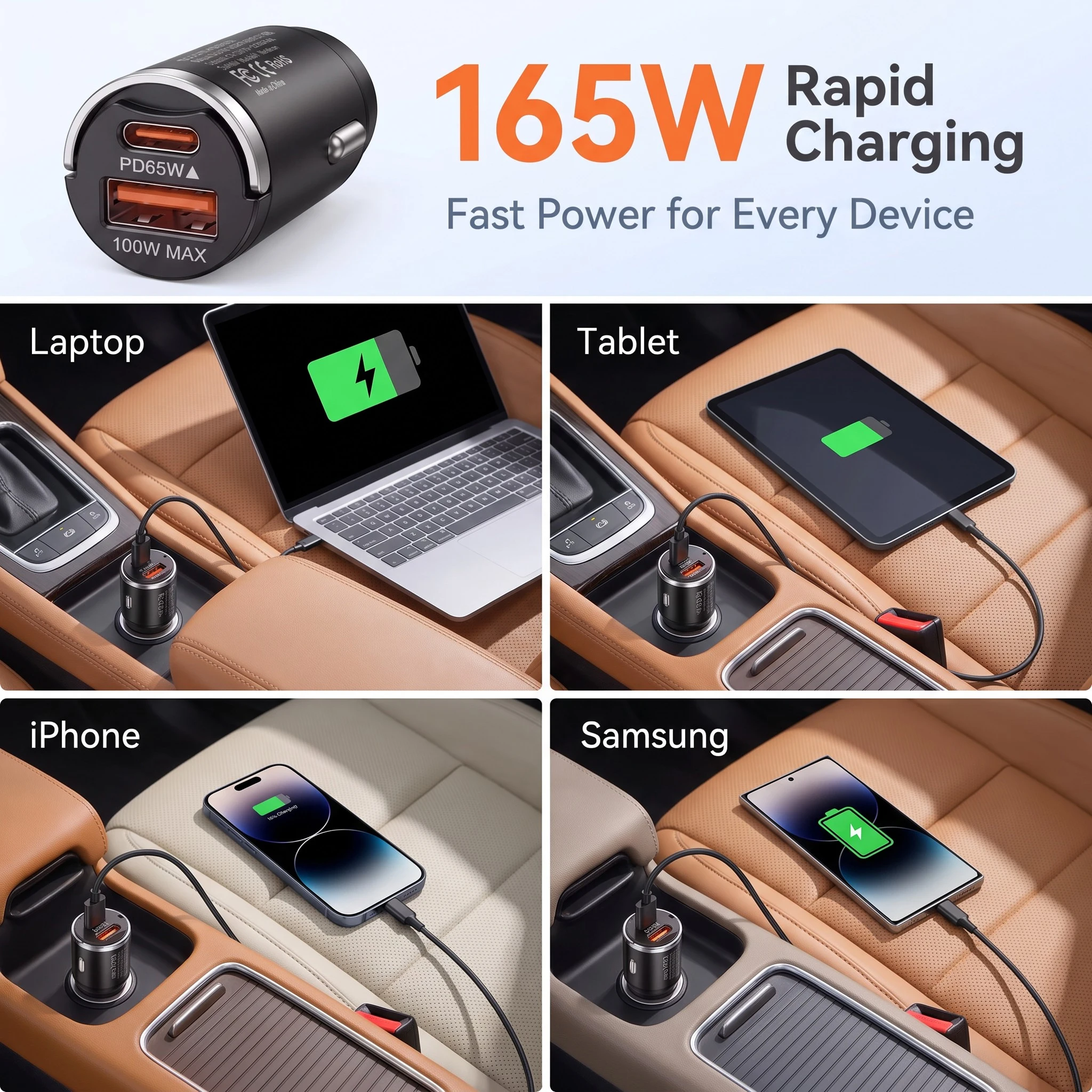165W Two Port Car Charger USB C 65W and USB A 100W Dual Charging for Multiple Mobile Devices Metal Body with Multi Protection