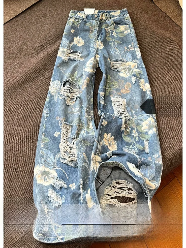Vaqueros de mezclilla de cintura alta con estampado de margaritas y rotos, estilo retro americano, nuevos para primavera, talla grande, pantalones largos adelgazantes para mujer