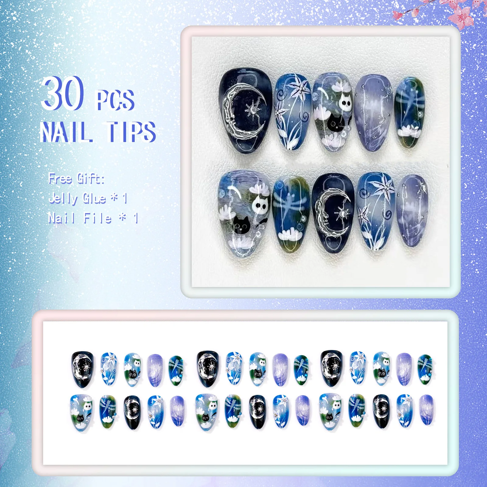 30pcs Colorful Painted Ghost Cat Press On Nails Gradient Blue Purple Almond False Nails Silver Moon Flower Designs Fake Nail