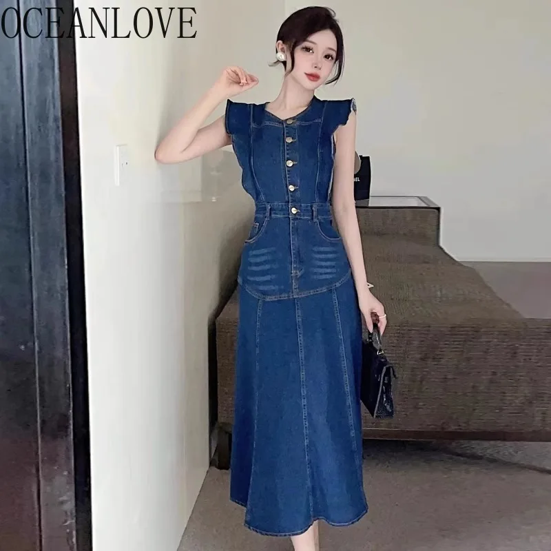 

OCEANLOVE Denim Dresses Women Flying Sleeve Single Breasted Solid Spring Summer Vestidos Mujer Korean Fashion Retro Long Dress