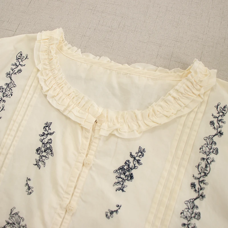 Mori Girl Sweet Embroidery Cotton Shirt Women Spring New O-Neck Long Sleeve Single Breasted Casual Loose Blouse Tops