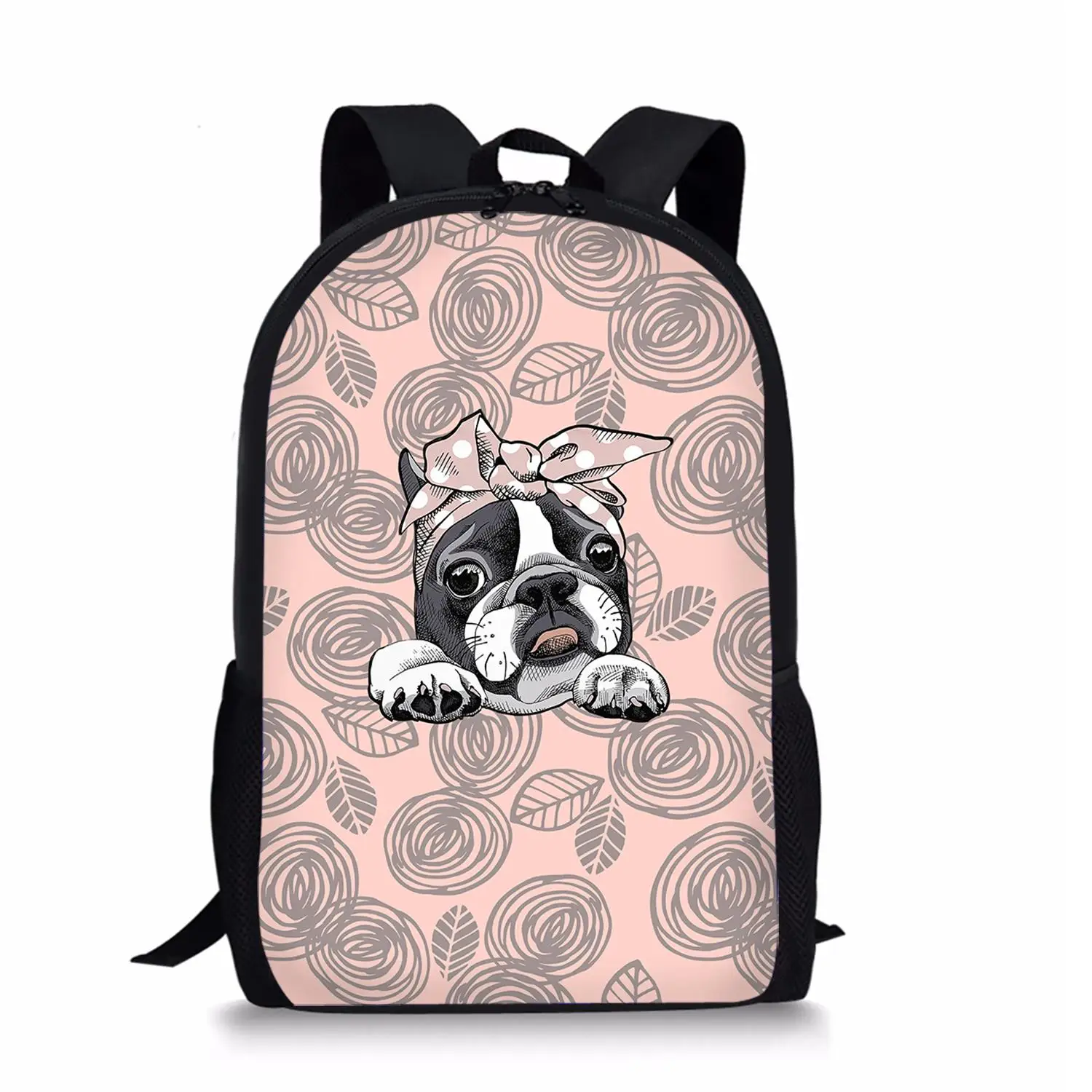 Mochila escolar de poliéster con estampado de Bulldog Francés para niñas, bolsos de libros informales, mochilas escolares con estampado de flores y perros