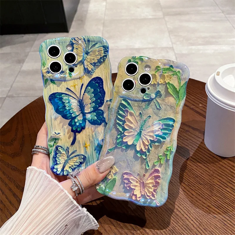 Luxuriöse blaue Licht-Ölgemälde-Schmetterlings-Wellen-Telefonhülle für iPhone 15 14 13 12 Pro Max, stoßfeste Silikon-Schutzhülle