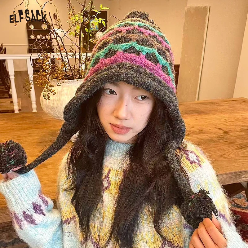 

ELFSACK Повседневная теплая полосатая красочная шапочка с помпоном для женщин