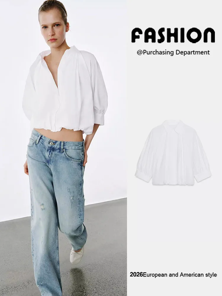 

Spring New Arrival Casual Versatile Pleated Bubble Sleeve Shirt Women's Fashion Short Coat European Style Long Sleeve Turn-do...