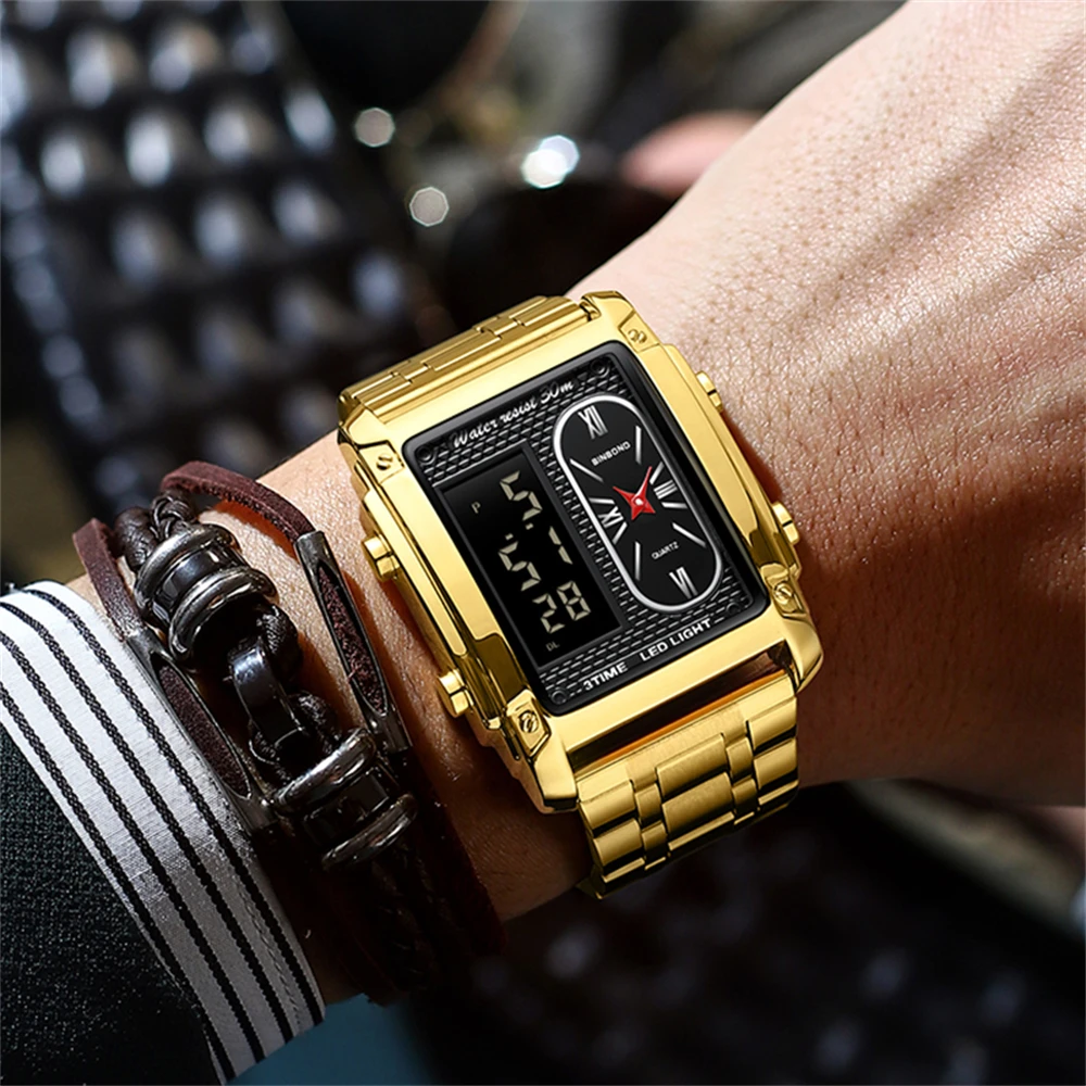 BINBOND мужские часы бизнес-бренд квадратные спортивные двойной дисплей электронные водонепроницаемые стальные ремни мужские модные кварцевые часы